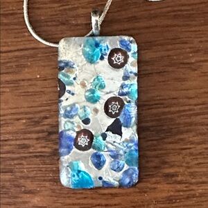 Elegant Blue and Silver Pendant Handmade Fused Glass  Necklace 16 inch chain